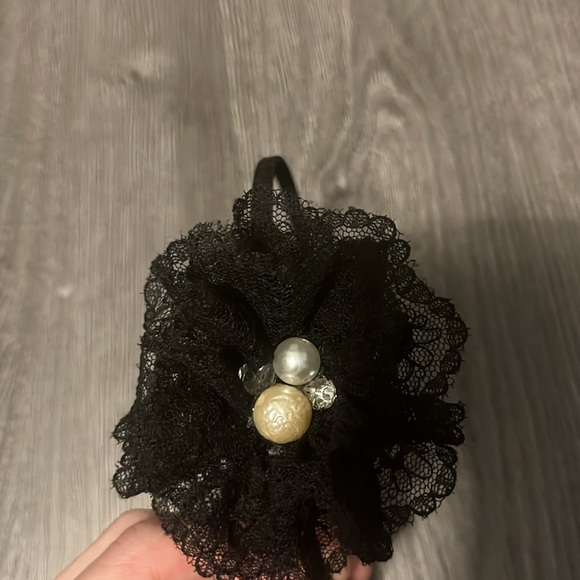 Black lacy and silver satin flower headbands with gem embellishment - Picture 4 of 6